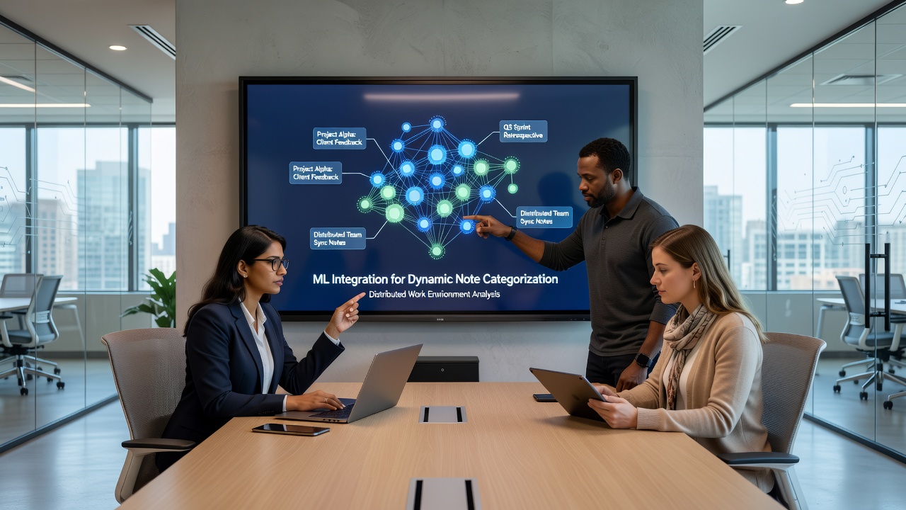 Distributed team members reviewing categorized notes on shared digital workspace