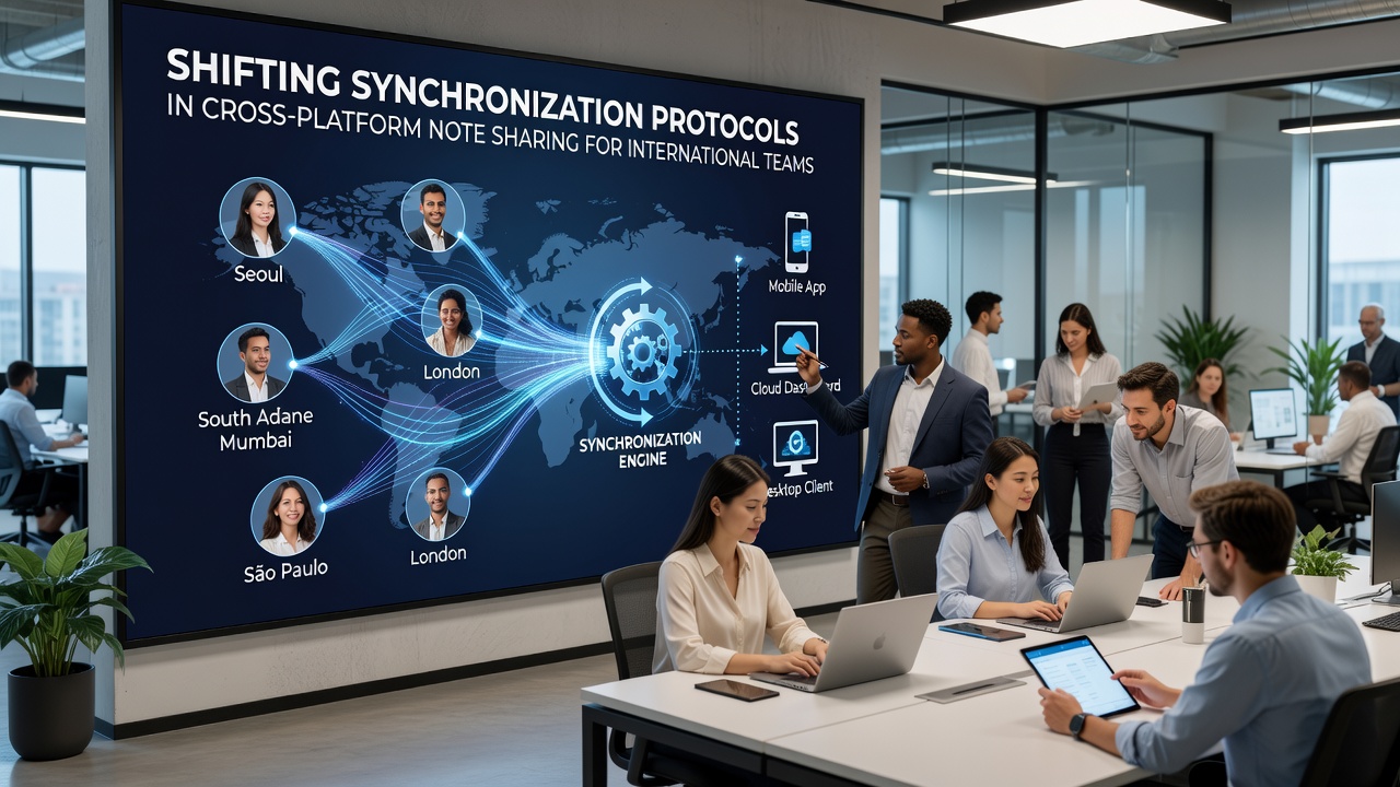 Screenshot of a note-sharing interface showing synchronized edits between team members in different countries